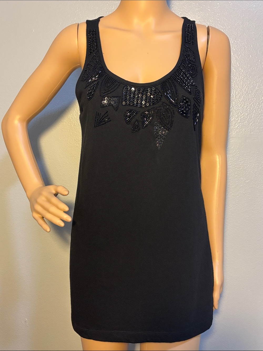 Women's Black Beaded Scoop Neck Tunic Top